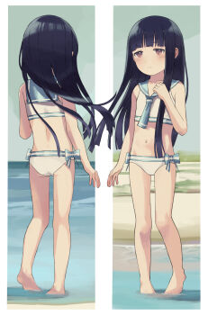 1girl absurdres ass back beach bikini blue_hair blue_sailor_collar blunt_bangs commentary_request highres idolmaster idolmaster_cinderella_girls ikumi_(iq3) long_hair navel ocean official_alternate_costume purple_eyes sailor_collar sailor_swimsuit_(idolmaster) sajo_yukimi swimsuit