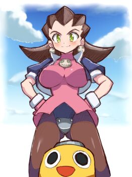 1girl blush breasts brown_hair earrings gluteal_fold hands_on_own_hips jewelry large_breasts leotard leotard_under_clothes love_r_gene mega_man_(series) mega_man_legends_(series) pantyhose servbot_(mega_man) smile solo tron_bonne_(mega_man)