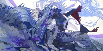 Rule 34 | 1girl, 1other, absurdres, armor, blonde hair, blue eyes, blue surcoat, duchess (elden ring), elden ring, elden ring nightreign, extra arms, full armor, full body, gloves, helmet, heolstor the nightlord, highres, holding, nslacka, spiked helmet, stab, weapon, white gloves