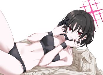 Rule 34 | 1girl, bags under eyes, barbell piercing, bikini, black bikini, black choker, black hair, black mask, blue archive, breasts, choker, commentary request, ear piercing, gun, halo, handgun, highres, holding, holding gun, holding weapon, industrial piercing, ivan wang, lying, mask, medium breasts, misaki (blue archive), misaki (swimsuit) (blue archive), mouth mask, navel, official alternate costume, on side, parted lips, piercing, pinstripe pattern, pinstripe shirt, red eyes, red halo, removing mask, revolver, ruger lcr, shirt, short hair, simple background, solo, stomach, striped clothes, striped shirt, surgical mask, swimsuit, unworn shirt, vertical-striped clothes, vertical-striped shirt, weapon, white background