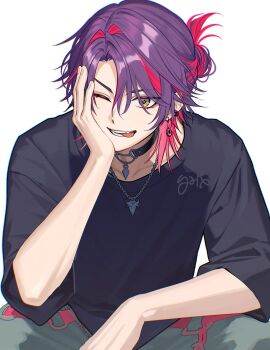 Rule 34 | 1boy, black choker, black shirt, choker, commentary, earrings, freestyle18, grey pants, hair bun, hair intakes, hand on own head, head rest, highres, jewelry, looking at viewer, medium hair, multicolored eyes, multicolored hair, nijisanji, one eye closed, pants, pink hair, purple hair, shirt, short sleeves, simple background, solo, symbol-only commentary, teeth, tongue, tongue out, two-tone eyes, two-tone hair, virtual youtuber, watarai hibari, watarai hibari (4th costume), white background