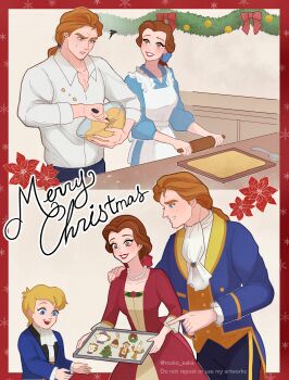 1girl 2boys absurdres alternate_costume beauty_and_the_beast_(disney) belle_(disney) blonde_hair blue_eyes brown_eyes brown_hair chip_(disney) commentary cookie dress english_commentary food highres jewelry long_hair looking_at_viewer moko_eaka multiple_boys necklace prince_adam_(disney) short_hair smile toon_(style)