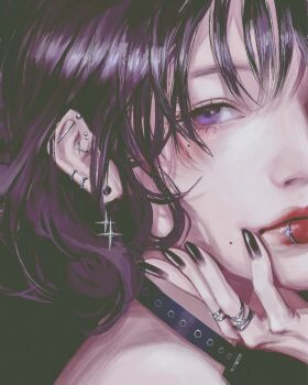 1girl barbell_piercing black_collar black_hair black_nails collar commentary doloyume ear_piercing earlobe_stretcher eyelashes face_piercing from_side hand_on_own_chin highres industrial_piercing jewelry lip_piercing lip_ring lipstick looking_at_viewer makeup mole mole_on_cheek mole_under_eye multiple_rings nose original parted_lips piercing portrait procreate_(medium) purple_eyes red_lips ring short_hair solo