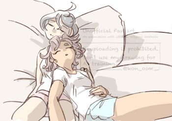 2girls absurdres blue_shorts commentary_request cuddling gundam gundam_suisei_no_majo highres jewelry kon_osm miorine_rembran multiple_girls parted_lips pink_shorts red_hair ring shirt short_hair shorts suletta_mercury thick_eyebrows watermark wedding_ring white_hair white_shirt wife_and_wife yuri
