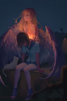 Rule 34 | 2girls, absurdres, angel, arm support, blonde hair, blue shoes, blurry, breasts, cat, collarbone, commentary request, depth of field, highres, long hair, multiple girls, night, nude, open mouth, original, outdoors, pleated skirt, satellite dish, school uniform, serafuku, shoes, short hair, sitting, skirt, small breasts, user kmwf4337