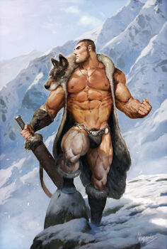 1boy abs bara beard_stubble bulge cloak facial_hair full_body fur_(clothing) fur_cloak highres holding holding_sword holding_weapon large_pectorals long_sideburns looking_to_the_side male_focus male_pubic_hair mature_male mountain muscular muscular_male navel nipples noxypia original pectorals profile pubic_hair pubic_hair_peek revealing_clothes rock sheath sheathed short_hair shredded_muscles sideburns snow solo standing stomach stubble sword thick_neck thick_thighs thighs tribal undercut veins veiny_arms weapon winter