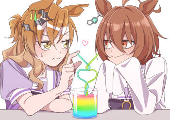 2girls agnes_tachyon_(umamusume) beaker blush bow bowtie braid brown_hair coat crossed_bangs drink earrings elbows_on_table hair_between_eyes hair_ornament hairclip half_up_braid head_rest heart jewelry jungle_pocket_(umamusume) lab_coat long_hair long_sleeves looking_at_another medium_hair multiple_earrings multiple_girls notched_ear puffy_short_sleeves puffy_sleeves purple_bow purple_bowtie red_eyes sailor_collar shared_straw short_sleeves simple_background sleeves_past_fingers sleeves_past_wrists smile umamusume wavy_hair white_background white_coat white_sailor_collar wolf_cut yamawasabi_umai yellow_eyes yuri