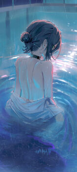 1girl absurdres bare_back bare_shoulders black_choker black_hair chainsaw_man choker commentary from_behind highres kerno looking_at_viewer looking_back open_clothes open_shirt outdoors rain revision reze_(chainsaw_man) shirt solo topless_female variant_set water_drop white_shirt