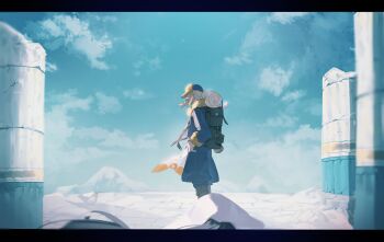 1boy 1girl absurdres akari_(pokemon) backpack bag black_hair blonde_hair blue_sky boots broken_pillar ccf2q closed_eyes cloud day faceless faceless_male ginkgo_guild_uniform headscarf highres jumpsuit letterboxed long_sleeves male_focus mountain nintendo outdoors pillar pokemon pokemon_legends:_arceus sky solo_focus spear_pillar standing volo_(pokemon) white_headscarf