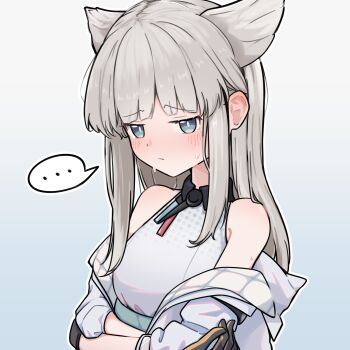 Rule 34 | ..., 1girl, absurdres, arknights, arknights: endfield, bare shoulders, barurun pen, black gloves, blush, bright pupils, closed mouth, commentary request, crossed arms, gloves, gradient background, grey background, grey eyes, grey hair, highres, jacket, long hair, looking at viewer, off shoulder, outline, partial commentary, perlica (arknights), solo, spoken ellipsis, sweat, upper body, white jacket, white outline, white pupils, yellow gloves