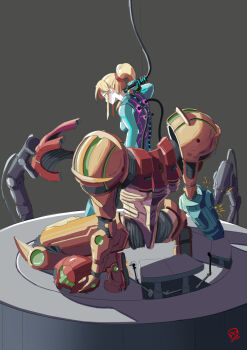 1girl arm_cannon armor automatic_giraffe blue_bodysuit blue_eyes bodysuit breasts cable commentary cyborg english_commentary from_behind hair_ornament hair_scrunchie helmet long_hair medium_breasts metroid neon_trim nintendo plug ponytail power_armor power_suit_(metroid) red_scarf repairing samus_aran scarf science_fiction scrunchie sidelocks solo_focus spine unworn_headwear unworn_helmet varia_suit weapon zero_suit