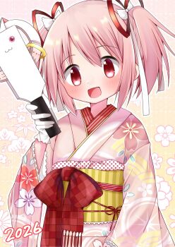 1girl 2026 alternate_costume blush commentary_request feet_out_of_frame happy happy_candy_ooo highres japanese_clothes kaname_madoka kimono kyubey looking_at_viewer mahou_shoujo_madoka_magica obi open_mouth paddle pink_eyes pink_hair pink_kimono sash short_hair smile solo standing twintails
