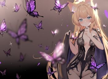 1girl absurdres ai-generated_art_(topic) animal_ear_fluff animal_ears backlighting black_cape black_dress blue_archive blue_eyes blurry blush breasts breasts_apart bug butterfly cape cat_ears cat_girl chronopattern_dress clenched_hand commentary_request cowboy_shot depth_of_field dress hair_between_eyes hair_ornament halo hands_up highres insect long_hair looking_at_viewer mari_(blue_archive) medium_breasts orange_hair paid_reward_available parted_lips pink_butterfly revealing_clothes rinringyo sidelocks solo standing strap_slip tearing_up very_long_hair yellow_halo