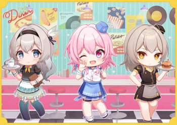 3girls black_hairband black_thighhighs blue_hat blue_skirt blush book brown_hat brown_shirt brown_skirt burger chibi closed_mouth commentary_request cup firefly_(honkai:_star_rail) food fukaya_miku glass grey_hair hair_between_eyes hairband hat holding holding_book holding_plate honkai:_star_rail honkai_(series) long_hair march_7th_(honkai:_star_rail) medium_hair multicolored_eyes multiple_girls one_eye_closed open_mouth pink_hair plate shirt skirt smile stelle_(honkai:_star_rail) thighhighs trailblazer_(honkai:_star_rail) two-tone_eyes white_shirt yellow_eyes