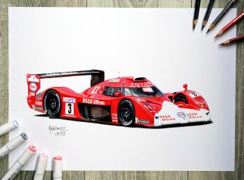 24_hours_of_le_mans anthony-c art_tools_in_frame artist_name car colored_pencil_(medium) dated highres japanese_flag le_mans_prototype marker_(medium) michelin michelin_man motor_vehicle no_humans photo_(medium) race_vehicle racecar red_car spoiler_(automobile) sponsor toyota toyota_gt-one traditional_media vehicle_focus