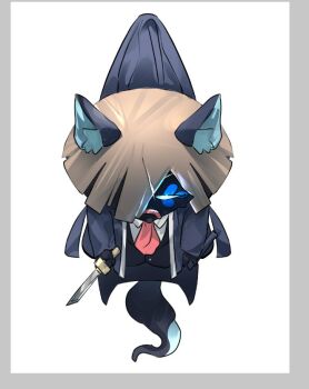 1boy animal_ear_fluff animal_ears bamboo-hatted_kim black_coat black_gloves blue_eyes cat_ears cat_tail chibi coat frown gloves glowing glowing_eyes hat holding holding_knife holding_weapon jacket jingasa kemonomimi_mode knife limbus_company male_focus necktie project_moon shoggoth_(sirens20211) suit_jacket tail torn_clothes torn_hat weapon white_background white_trim