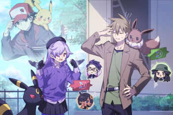 3boys 88_(einnimnech) annoyed baseball_cap black-framed_eyewear black_bodysuit black_gloves black_hair black_jacket black_pants black_shirt black_skirt blue_oak blue_sky bodysuit brown_eyes brown_hair brown_jacket bucket_hat closed_eyes collared_shirt colored_sclera commentary_request corbeau_(pokemon) dark-skinned_female dark_skin eevee emma_(pokemon) eyewear_strap fanny_pack fingerless_gloves gen_1_pokemon gen_2_pokemon gen_4_pokemon glasses gloves green_shirt hair_ornament hat highres jacket jewelry leaf_(pokemon) long_sleeves multiple_boys necklace necktie nintendo on_shoulder open_clothes open_jacket open_mouth original outdoors pants parted_lips pikachu pleated_skirt pokemon pokemon_(creature) pokemon_legends:_z-a pokemon_on_shoulder purple_hair purple_shirt purple_sweater red_(pokemon) red_eyes red_hat red_sclera rotom rotom_phone round_eyewear shirt short_hair skirt sky spiked_hair squiggle sweat sweatdrop sweater umbreon white_necktie yellow_eyes