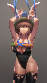 1girl armpits breasts carrot cleavage female_focus groin highres hood_(james_x) league_of_legends playboy_bunny simple_background solo teemo thighhighs torn_clothes