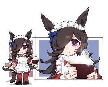 Rule 34 | 1girl, animal ears, apron, beer hsk, black shoes, blue background, blue bow, bow, bowl, brown background, brown hair, closed mouth, frilled apron, frills, hair over one eye, holding, holding bowl, holding spoon, horse ears, horse girl, horse tail, jacket, long hair, maid apron, maid headdress, multiple views, pants, purple eyes, red jacket, red pants, rice, rice bowl, rice shower (umamusume), shoes, smile, spoon, standing, tail, track jacket, track pants, track suit, umamusume, very long hair, white apron, white background, wooden spoon