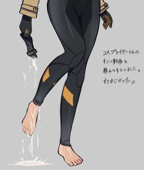 1girl barefoot black_bodysuit black_gloves bodysuit commentary_request emmet_(pokemon) feet foot_focus gloves grey_background hasu_175 head_out_of_frame highres legs nintendo pokemon pokemon_legends:_z-a simple_background solo standing standing_on_one_leg toes translation_request wet