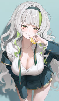 1girl abpart absurdres artist_name blunt_bangs blush breasts cleavage collared_shirt commentary english_commentary firenze_(stella_sora) food fruit green_background green_eyes green_hair green_hairband green_jacket green_skirt hairband highres holding jacket large_breasts leaning_forward lemon lemon_slice long_hair long_sleeves looking_at_viewer mixed-language_commentary mole mole_under_eye multicolored_hair paid_reward_available parted_lips shirt simple_background skirt smile solo stella_sora streaked_hair white_hair white_shirt