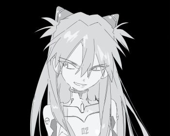 1girl bodysuit greyscale interface_headset_(evangelion) long_hair looking_to_the_side mecha_pilot_suit monochrome neon_genesis_evangelion pao_jiao_yu_pao_jiao plugsuit_(evangelion) simple_background smile solo souryuu_asuka_langley turtleneck turtleneck_bodysuit upper_body