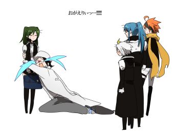 Rule 34 | 1girl, 4boys, ahoge, allen walker, bag, black boots, black coat, black hair, black headband, black jacket, black order uniform, black pants, black skirt, blank eyes, blue bag, blue hair, blush, boots, brother and sister, closed eyes, coat, collared jacket, commentary request, creature, creature on head, crying, d.gray-man, facial mark, facing another, glasses, green hair, grey pants, grey shirt, hair between eyes, hat, headband, high ponytail, holding, holding bag, hood, hood down, hooded coat, hug, jacket, kanda yuu, kneeling, komui lee, lavi, lenalee lee, long coat, long hair, long sleeves, looking at another, miniskirt, multiple boys, open clothes, open coat, open mouth, orange hair, pants, parted lips, ponytail, scar, scar on face, scarf, shirt, short hair, shumiko (kamenokoueki), siblings, sidelocks, simple background, skirt, spiked hair, streaming tears, striped clothes, striped coat, striped jacket, sweat, sweatdrop, tears, thigh boots, thigh strap, timcanpy, twintails, vertical-striped clothes, vertical-striped jacket, white background, white coat, white hair, white hat, white pants, yellow scarf