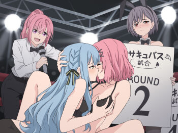 4girls amaori_haruna amaori_renako animal_ears bang_dream! bang_dream!_it&#039;s_mygo!!!!! black_bow black_bowtie black_bra blue_hair blush bow bowtie bra braid breasts cleavage closed_eyes closed_mouth commentary crossover fake_animal_ears grabbing_another&#039;s_breast grey_hair groping highres holding holding_microphone holding_sign jealous kiss laofuzi_dai_bansho large_breasts long_hair microphone multiple_girls open_mouth pantyhose pink_hair ponytail purple_eyes rabbit_ears revision shirt short_hair siblings sidelocks sign sisters takamatsu_tomori togawa_sakiko translation_request underwear watashi_ga_koibito_ni_nareru_wake_naijan_murimuri! white_shirt yellow_eyes yuri