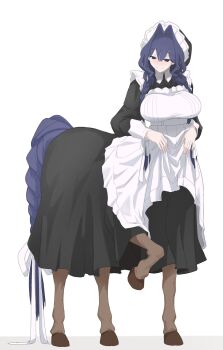 1girl absurdres apron black_dress blue_eyes blue_hair braid centaur centauroid dress full_body hair_intakes hat highres hololive hololive_english horse_tail long_hair long_sleeves low_twin_braids maid maid_apron mob_cap monster_girl official_alternate_costume official_alternate_hairstyle ouro_kronii ouro_kronii_(maid) scnd_hanaxavier short_hair solo tail taur twin_braids virtual_youtuber white_apron white_background