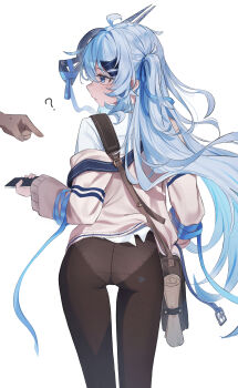 1girl 1other ? absurdres accidental_exposure ahoge ass bag black_pantyhose blue_eyes blue_hair blue_ribbon brown_bag clueless commentary_request di_le_to feet_out_of_frame from_behind grey_jacket hair_intakes hair_ribbon highres holding holding_phone jacket long_hair long_sleeves looking_at_another one_side_up original panties panties_under_pantyhose pantyhose phone pointing pointing_at_another ribbon shirt shoulder_bag shoulder_strap simple_background standing underwear white_background white_panties white_shirt