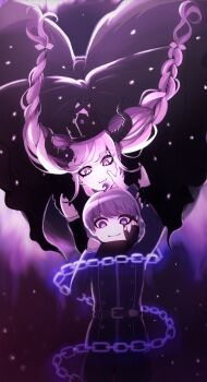 1boy 1girl :3 arm_up belt black_crown black_flower black_gloves black_horns black_nails brown_belt burenda_(buresabu) chain cowboy_shot crown fingerless_gloves flower gloves hair_flower hair_ornament highres horns long_hair master_detective_archives:_rain_code multicolored_hair nail_polish pink_eyes pink_hair shinigami_(rain_code) short_hair smile two-tone_hair yuma_kokohead