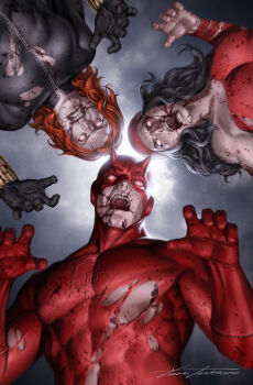 1boy 2girls avengers_(series) bandana black_bodysuit black_gloves black_hair black_widow blood bodysuit comic_cover commentary covered_abs cowl daredevil elektra elektra_natchios english_commentary fake_horns from_below gloves gradient_background grey_background highres horns horror_(theme) long_hair marvel marvel_zombies matt_murdock medium_hair monster multiple_girls muscular muscular_male natasha_romanoff no_pupils official_art open_mouth orange_hair outstretched_arms red_bandana red_bodysuit red_gloves signature superhero_costume teeth torn_bodysuit torn_clothes undead upper_body yoon_junggeun zombie zombie_pose