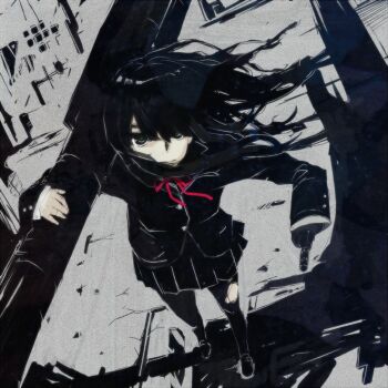1girl android arm_cannon artificial_eye black_eyes black_hair black_jacket black_pantyhose black_shoes black_skirt blazer carrying_over_shoulder closed_mouth commentary_request dutch_angle floating_hair from_above full_body holding jacket long_hair long_sleeves looking_at_viewer looking_up mechanical_eye miniskirt neck_ribbon nimirom original pantyhose pleated_skirt red_ribbon ribbon school_uniform shadow shoes sketch_background skirt solo standing swept_bangs torn_clothes torn_pantyhose weapon
