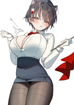 1girl absurdres animal_ears black_eyes black_hair black_hat black_panties blue_archive blush bow bowtie breasts bursting_breasts cleavage covered_navel extra_ears flag flying_button gloves hair_between_eyes hat highres holding holding_flag large_breasts long_sleeves miniskirt official_alternate_costume open_mouth panties pantyhose pantyshot pencil_skirt popped_button q2_qee raccoon_ears raccoon_girl red_bow red_bowtie red_flag shirt short_hair simple_background skirt solo tsubaki_(blue_archive) tsubaki_(guide)_(blue_archive) underwear wardrobe_malfunction white_background white_gloves white_shirt