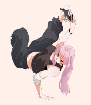 1girl alternate_costume black_shoes breasts bright_pupils closed_mouth commentary crop_top english_commentary eyelashes full_body grey_pants grey_shirt hand_on_own_foot handstand highres hololive hololive_english long_hair lord_joeboto mori_calliope one_arm_handstand pants pink_hair ponytail red_eyes shirt shoelaces shoes simple_background smile solo sweatpants virtual_youtuber white_background white_pupils