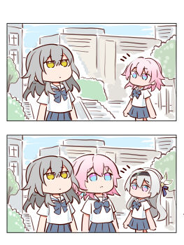 Rule 34 | 3girls, blue bow, blue bowtie, blue ribbon, blue skirt, bow, bowtie, brown hairband, bush, city, closed mouth, firefly (honkai: star rail), grey hair, hair between eyes, hair intakes, hair ornament, hair ribbon, hairband, highres, honkai: star rail, honkai (series), long hair, march 7th (honkai: star rail), multicolored eyes, multiple girls, mzxiaxi, no mouth, open mouth, pink hair, pleated skirt, ribbon, skirt, stelle (honkai: star rail), trailblazer (honkai: star rail), tree, two-tone eyes, yellow eyes