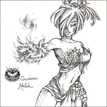 1girl bad_id bad_pixiv_id bulub cacodemon doom_(series) female_focus greyscale hair_over_one_eye lowres monochrome personification simple_background solo