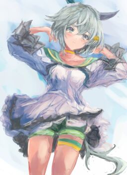 1girl animal_ears blue_eyes blush breasts brown_hair choker closed_mouth commentary_request dress ear_covers flower green_sailor_collar green_shorts grey_hair hair_flower hair_ornament hairclip horse_ears horse_girl horse_tail long_sleeves looking_at_viewer sailor_collar seiun_sky_(umamusume) short_hair shorts single_ear_cover small_breasts solo sunflower sunflower_hair_ornament tail thigh_strap umamusume white_dress yanagi_wakana yellow_choker