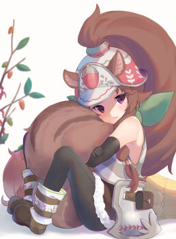 Rule 34 | 1girl, animal ears, black legwear, blush, brown hair, hat, highres, hugging own tail, hugging tail, long hair, looking at viewer, ponytail, princess connect!, purple eyes, rin (princess connect!), rin (ranger) (princess connect!), shimon (31426784), simple background, solo, squirrel ears, squirrel girl, squirrel tail, tail, very long hair, white background