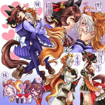 2girls ahoge anger_vein animal_ears ass back_bow bare_shoulders bent_over black_gloves black_panties black_thighhighs blonde_hair blush bow braid braided_hair_rings breasts brown_hair buruma cape chibi clenched_teeth closed_mouth clothing_cutout coat commentary_request cowboy_shot crossed_arms crossed_legs detached_sleeves dress ear_covers ear_ornament ears_back eye_contact face-to-face finger_in_another's_mouth from_behind from_side full_body gentildonna_(regina_dei_fiori)_(umamusume) gentildonna_(umamusume) gloves grey_hair gym_shirt gym_shorts hair_between_eyes hair_ornament hair_rings heart heart_tail heart_tail_duo height_difference highres horse_ears horse_girl horse_tail hug kneeling large_breasts leaning_forward lifting_another's_clothes long_hair long_sleeves looking_at_another looking_at_viewer looking_back miru_(mill_36) multicolored_hair multiple_girls multiple_views open_mouth orfevre_(control)_(umamusume) orfevre_(umamusume) panties pink_eyes pleated_skirt purple_eyes purple_shirt purple_skirt red_buruma red_shorts school_uniform sharp_teeth shirt shoes short_sleeves shorts sitting skirt smile spoken_heart standing sweat tail tail_through_clothes teeth thighhighs tracen_school_uniform translation_request trembling umamusume underwear v-shaped_eyebrows very_long_hair white_bow white_gloves white_shirt white_thighhighs yuri