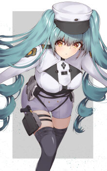 1girl absurdres aqua_hair black_thighhighs breasts brown_eyes commentary drill_hair feet_out_of_frame goddess_of_victory:_nikke grey_background gun hat highres holster long_hair looking_at_viewer parted_lips privaty_(nikke) rizurizum shorts simple_background solo thigh_holster thighhighs twin_drills twintails weapon white_hat white_shorts