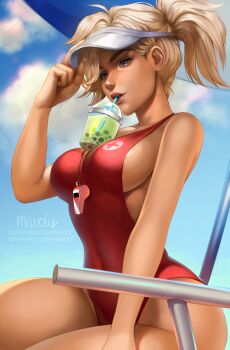 Rule 34 | 1girl, artist name, baywatch, blonde hair, blue sky, breasts, bubble tea, bubble tea challenge, cloud, collarbone, covered navel, cup, day, disposable cup, drinking, drinking straw, eyebrows, eyelashes, female focus, fingernails, glint, hand on headwear, highres, large breasts, lifeguard, looking at viewer, mavoly, medium hair, meme, mercy (overwatch), nose, object on breast, one-piece swimsuit, outdoors, overwatch, overwatch 1, parted lips, pink lips, red one-piece swimsuit, sideboob, signature, sitting, sky, sleeveless, smile, solo, summer, swimsuit, visor cap, watermark, web address, whistle, whistle around neck