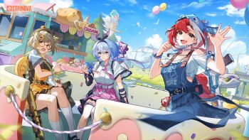 6+girls :d absurdres animal balloon bandaid bandaid_on_leg bear belt bird black_eyes black_hairband black_skirt blue_eyes blue_hair blue_vest bracelet brown_eyes brown_hair choker closed_mouth collared_shirt copyright_name day dutch_angle eika_(carnival_royale)_(strinova) eika_(strinova) fang food_stand glasses hair_between_eyes hair_ornament hairband highres holding holding_animal ice_cream_stand jewelry kanami_(strinova) looking_at_viewer maddelena_(strinova) maddelena_(tangy_capy)_(strinova) mask mask_pull michele_(strinova) mouth_mask multicolored_hair multiple_girls necklace necktie official_alternate_costume official_art open_mouth outdoors park purple_necktie purple_skirt red_hair red_pupils scared second-party_source shirt short_hair short_sleeves sitting skirt smile snail socks streaked_hair strinova sweatdrop tears thigh_strap v-shaped_eyebrows vest white_shirt white_socks wristband yugiri_(holiday_surprise)_(strinova) yugiri_(strinova) yvette_(strinova)