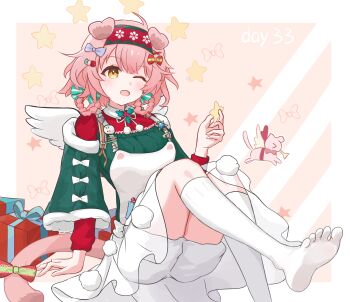 1girl ;o absurdres animal_ears apron arknights bow box braid braided_hair_rings cat cat_ears cat_girl cat_tail chinese_commentary commentary_request fake_wings feet foot_out_of_frame fur-trimmed_sweater fur_trim gift gift_box goldenglow_(arknights) goldenglow_(maiden_for_the_bright_night)_(arknights) green_sweater hair_bow hair_rings highres holding holding_star ice_orange_lovegg kneehighs medium_hair miniskirt one_eye_closed open_mouth pink_background pink_cat pink_hair pom_pom_(clothes) red_bow red_shirt shirt simple_background sitting skirt socks solo star_(symbol) sweater tail tail_bow tail_ornament two-tone_background white_apron white_background white_skirt white_socks white_wings wings yellow_eyes