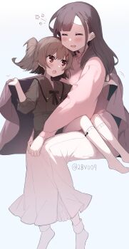 2girls absurdres age_difference blush bow bowtie brown_dress brown_hair closed_eyes dress happy highres hug kneehighs long_skirt long_sleeves looking_at_another midair multiple_girls onee-loli open_mouth original pedopetton pink_sweater red_eyes shared_blanket sitting sitting_on_lap sitting_on_person skirt smile socks spoken_flower sweater tube_socks white_background white_skirt white_socks yuri