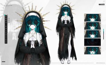 1girl absurdres aqua_hair aqua_tongue barefoot black_nails blindfold breasts cleavage closed_mouth color_guide cross cross_necklace crossed_bangs eros_valentyne highres horror_(theme) indie_virtual_youtuber interlocked_fingers jewelry namishiron necklace nun open_mouth pale_skin teeth torn_clothes twitter_username virtual_youtuber