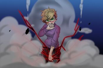 Rule 34 | 1girl, alex goers, black pants, blonde hair, blue background, blush, colorized, commentary, cowboy shot, crackling energy, dust, ear piercing, english commentary, eye trail, eyelashes, glasses, gradient background, green eyes, highres, holding, light trail, long sleeves, mir (miryumiya), open mouth, original, pants, piercing, purple sweater, rebecca joy (miryumiya), semi-rimless eyewear, short hair, solo, sweat, sweater, teeth, undercut, upper teeth only, v-shaped eyebrows, very short hair