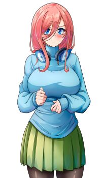 Rule 34 | 1girl, absurdres, blue eyes, blue shirt, blush, breasts, closed mouth, commentary, cowboy shot, dilan griz, double-parted bangs, frown, go-toubun no hanayome, green skirt, hair between eyes, headphones, headphones around neck, highres, large breasts, long hair, long sleeves, looking at viewer, nakano miku, pink hair, pleated skirt, shirt, simple background, skirt, solo, turtleneck, turtleneck shirt, white background