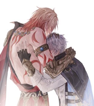 2boys antenna_hair arm_tattoo armlet armor back_tattoo black_choker black_coat black_gloves black_shirt blonde_hair braid cape choker clawed_gauntlets coat earrings fingerless_gloves gloves gold_earrings gold_necklace gradient_hair hand_on_another's_back hand_on_another's_head hashtag-only_commentary highres honkai:_star_rail honkai_(series) jewelry male_focus medium_hair mimiriaymr multicolored_hair multiple_boys mydei_(honkai:_star_rail) neck_tattoo necklace open_clothes open_coat pauldrons phainon_(honkai:_star_rail) red_cape red_hair red_tattoo shirt short_hair shoulder_armor side_braid side_cape simple_background single_pauldron sun_symbol sun_tattoo tan tattoo white_background white_coat white_hair yaoi