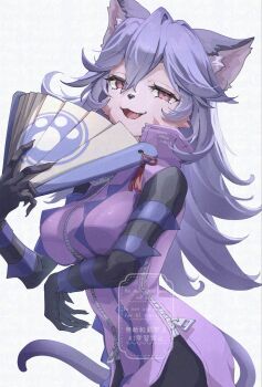 1girl :3 adversarial_noise animal_ear_fluff animal_ears animal_nose arm_under_breasts artist_name black_bodysuit body_fur bodysuit bodysuit_under_clothes breasts cat_ears cat_girl cat_tail coat cowboy_shot fang female_focus folding_fan furry furry_female hair_between_eyes half-closed_eyes hand_fan happy high_collar holding holding_fan korokoro_nekoz large_breasts little_tail_bronx long_hair looking_at_viewer open_mouth opera_kranz pink_eyes pink_fur purple_coat purple_hair sidelocks signature simple_background sleeveless sleeveless_coat smile solatorobo solo standing tail tassel twitter_username watermark white_background zipper zipper_pull_tab
